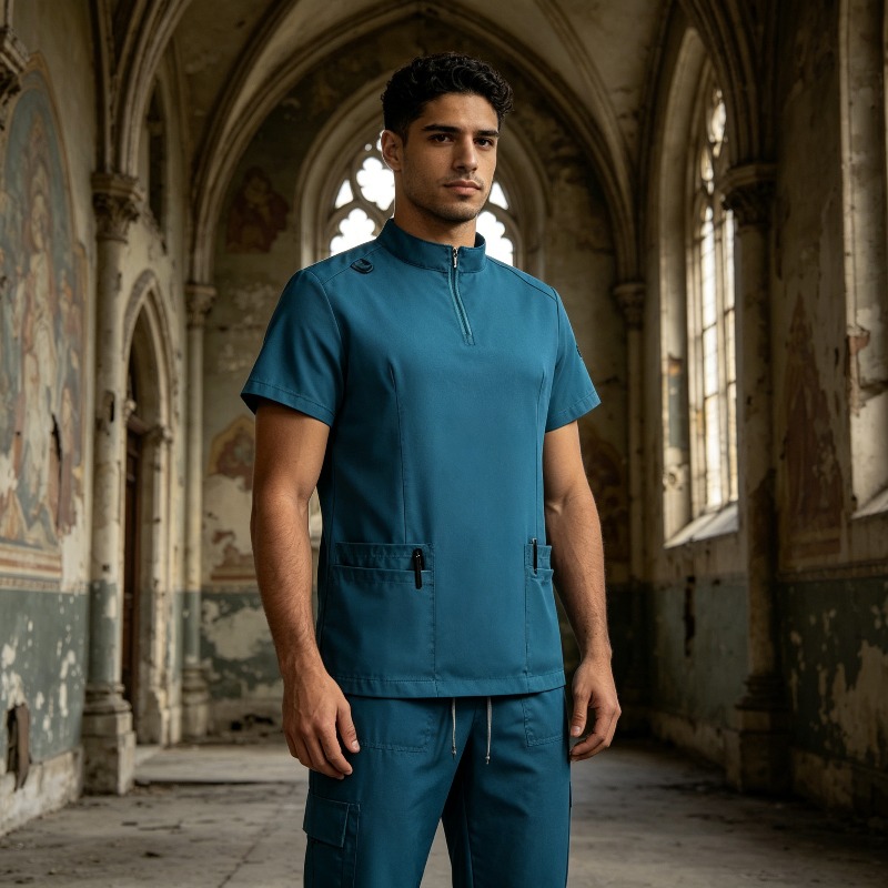 Medical Lab Coat - Men Solid Scrub Set Zipper Stand